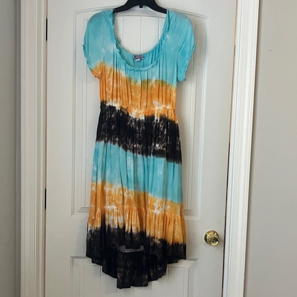 Women’s  Tie-Dye Short Sleeve Dress in Blue, Orange & Black
